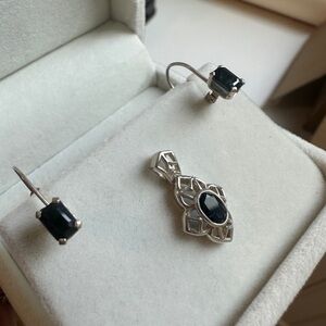 Vintage sterling silver and sapphire art deco pendant and earring set.
